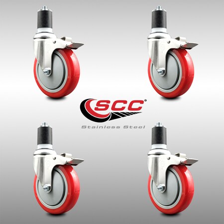 Service Caster 5 Inch 316SS Red Poly Swivel 1-7/8 Inch Expanding Stem Caster Set Lock Brake SCC-SS316TTLEX20S514-PPUB-RED-178-4